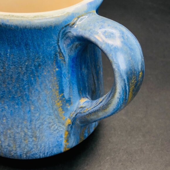70s Beauce Ceramic Blue Ironstone Coffee Mug Textured Green Yellow Underglaze - Picture 9 of 13